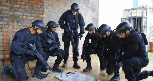 SWAT team in tactical gear planning a strategic operation around a map outdoors. All team members wearing helmets and carrying rifles, focused on the map with intense concentration. Ideal for materials on law enforcement activities, security training guides, tactical planning presentations, and police procedural illustrations.