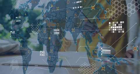 Professional Woman Writing Notes with World Data Overlay for Global Strategy and Analytics
