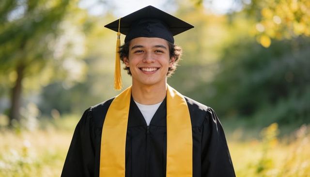 Young male graduate smiling in black cap and gown with gold stole in sunlit meadow