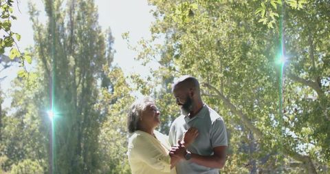 Senior couple holding hands and smiling in sunlit park showing affection and companionship