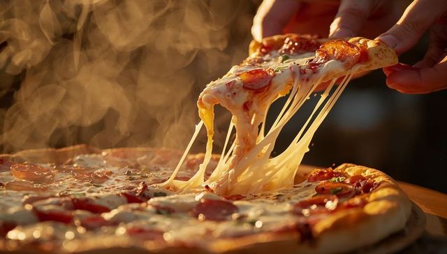 Pulling stretchy pepperoni pizza slice with melting mozzarella strings and steam