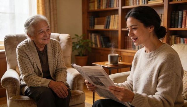 Woman reading newspaper to senior man in cozy living room with bookshelf and armchair