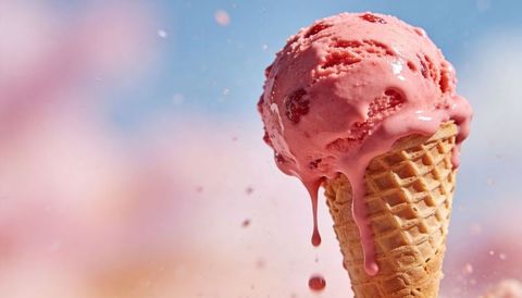 Melting pink berry ice cream dripping from waffle cone under sunny pastel sky