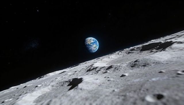 Earth rising over lunar surface casting long shadows across craters and regolith