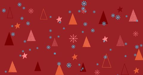 Festive red background with snowflakes and abstract shapes pattern