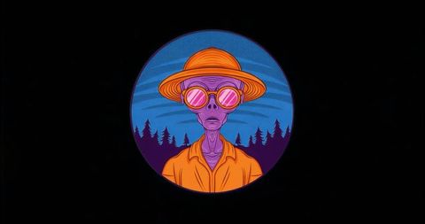 Colorful alien in orange hat and sunglasses with forest background