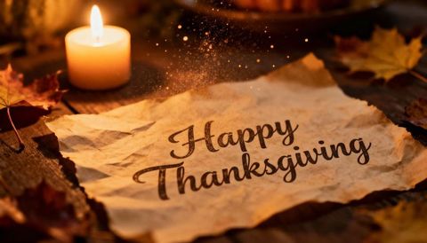 Rustic thanksgiving parchment note glowing with candlelight, autumn leaves and festive sparkles