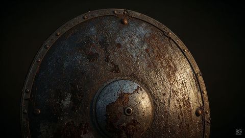 Rugged vintage metal shield with central boss and riveted rim