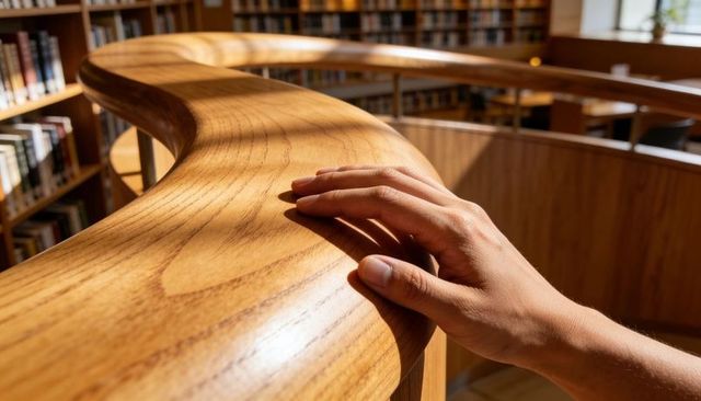 Hand resting on curved wood railing in sunlit library mezzanine, warm woodgrain ambience