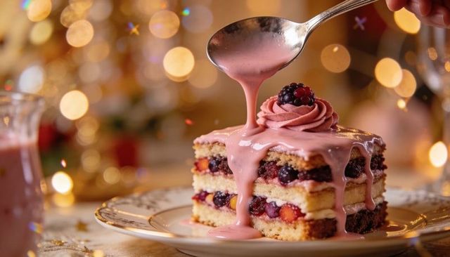 Drizzling pink glaze over berry layered sponge cake with festive bokeh lights