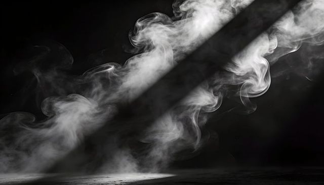 Swirling smoke plume casting diagonal light beam creating moody monochrome atmosphere