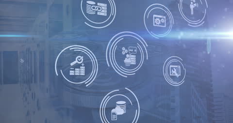 Animation of Business Icons with Cityscape Backdrop