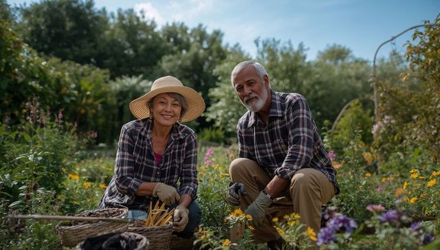 Senior couple gardening together in sunlit backyard with wicker baskets and colorful flowers