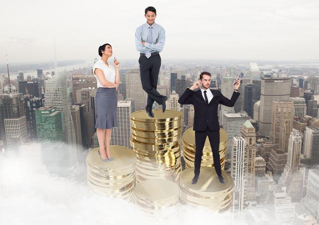Conceptual image of businesspeople standing on stack of gold coins with cityscape in background - Download Free Stock Photos Pikwizard.com