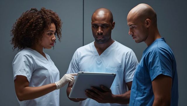 Healthcare professionals discussing patient data using digital tablet