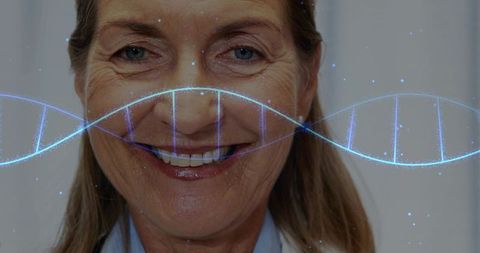 Smiling doctor with dna helix symbolizes medical research innovation