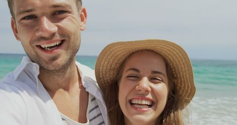 Cheerful Couple Enjoying Vacation at Sunny Beach - Download Free Stock Images Pikwizard.com