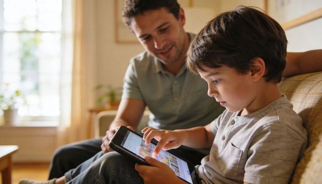 Father watching son using tablet on sofa, sharing screen time and bonding