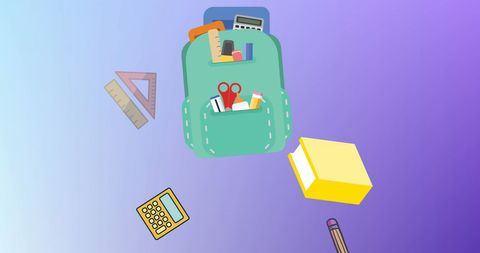 Colorful School Supplies and Backpack on Gradient Background