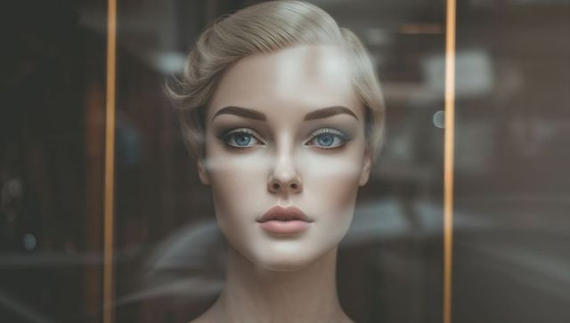 Lifelike Female Mannequin Head Displaying Makeup Elegance in Retail Window Reflection Urban