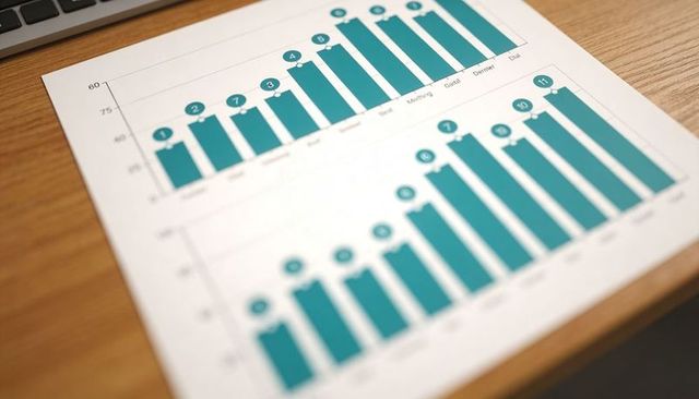 Displaying teal bar charts on wooden desk with laptop edge, business analytics report