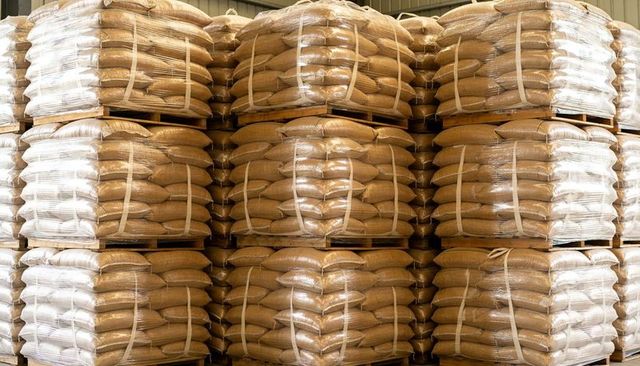 Stacking brown sacks on wooden pallets wrapped in clear film for bulk warehouse logistics