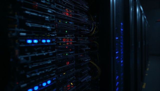 Glowing server rack illuminating dark data center aisle with blue leds and yellow cables
