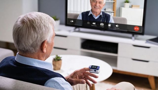 Senior man using pulse oximeter during telehealth video call with doctor at home
