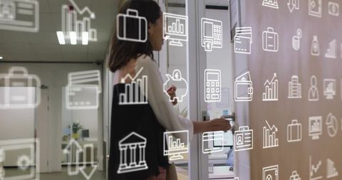 Businesswoman swiping id badge opening glass office door with security icons overlay