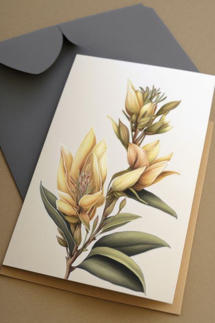 This elegant botanical greeting card features an illustration of yellow flowers and green leaves. With a grey envelope in the background, it exudes a sophisticated and classic appeal. Ideal for special occasions like birthdays, weddings, and thank you notes. It's perfect for stationery shops, print shops, or digital downloads for DIY greeting cards.