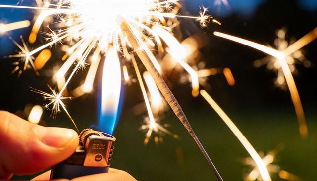 Butane lighter igniting sparkler closeup at twilight with blue flame and bright sparks