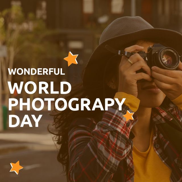 World photography day text banner against african american female photographer using digital camera. world photography day awareness concept