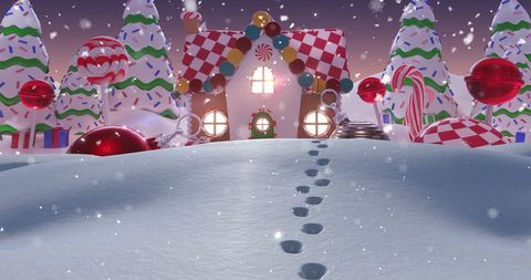 Magical Snowfall Over Colorful Holiday Gingerbread House