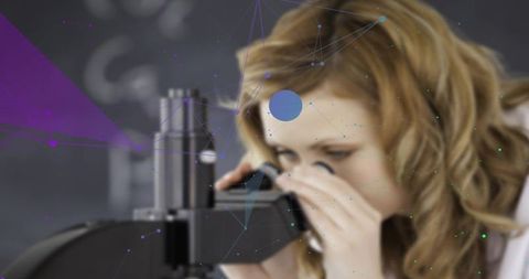 Scientist Conducting Microscope Observations with Network Overlay