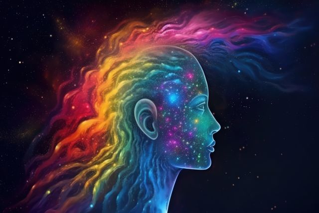 This artwork depicts a surreal cosmic woman with galaxy-inspired hair flowing in vibrant colors and stars. Ideal for concepts involving imagination, creativity, fantasy, and the universe. Perfect for use in sci-fi book covers, imaginative art prints, or abstract design projects.