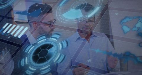 Business team collaborating with holographic dashboard and futuristic analytics interface