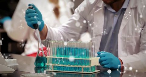 Scientist Pipetting Blue Solution into Test Tubes with Micropipette and Rack