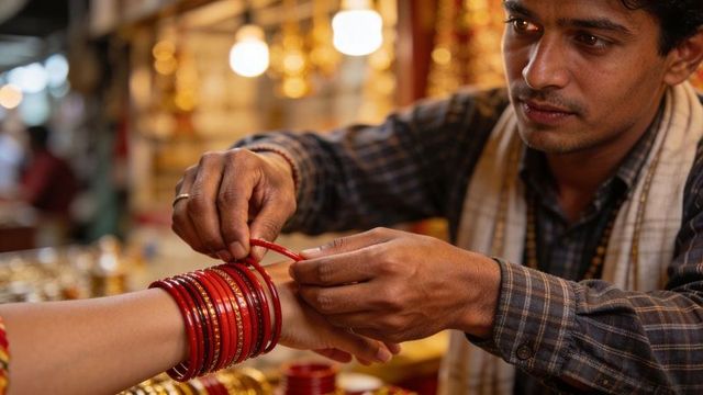 Vendor fastening red glass bangles on customer wrist at colorful market jewelry stall