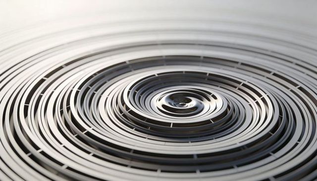 Reflective metallic concentric rings spiraling toward central dome chrome macro geometry