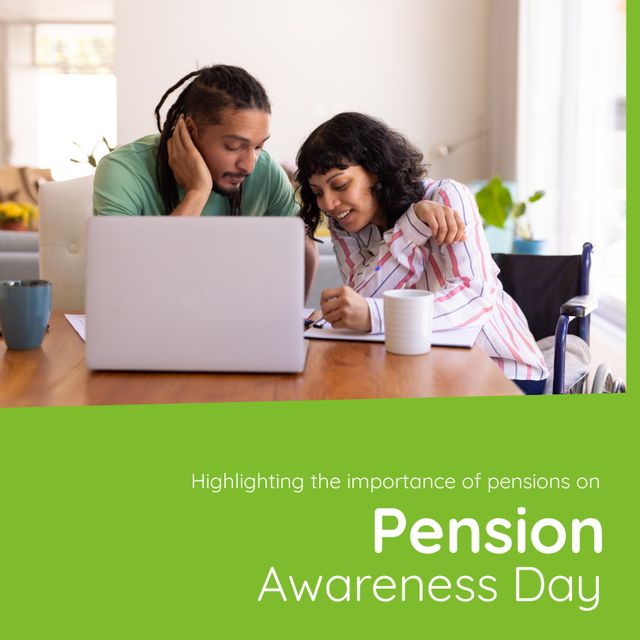 Digital composite image of multiracial mid adult couple discussing plan, pension awareness day text. Copy space, importance of pension, savings, raise awareness, financial wellbeing, retirement plan.