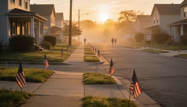 Sunlit suburban street lined with small american flags at misty sunrise with silhouettes