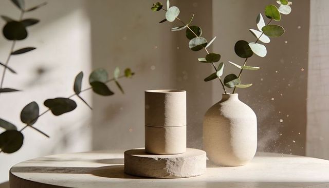 Sunlit minimalist ceramic vases with eucalyptus on stone pedestal, dust motes