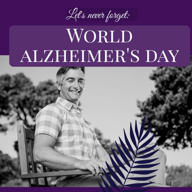 This banner commemorates World Alzheimer's Day with an image of a smiling senior man sitting in a garden. Ideal for use in awareness campaigns, social media posts, health blogs, and educational materials focusing on Alzheimer's disease and elderly care. The black-and-white photo adds a poignant touch, while the uplifting image promotes positivity and support for those affected.