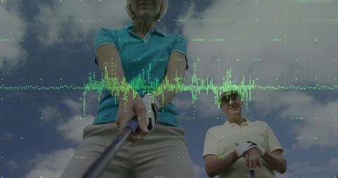 Mature Woman Ready to Swing Club on Golf Course with Data Overlay