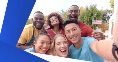 Happy Diverse Friends Celebrate with USA Flags Smiling Outdoors