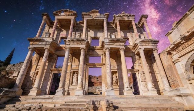 Ancient classical facade with corinthian columns and marble statues under milky way sky