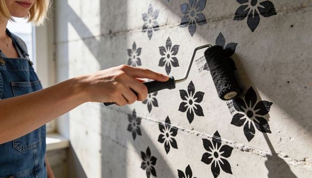Woman Applying Black Floral Stencil Pattern with Roller on Raw Concrete Wall in Sunlight