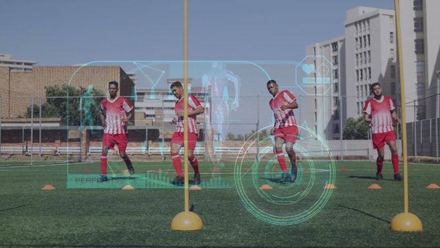 Soccer players on a green field engage in training drills while a digital interface overlay shows performance metrics and data connections. This theme highlights the integration of technology in sports for performance analysis and training improvement, useful for sports technology promotional content, training app advertisements, or futuristic sports concept illustrating the intersection of sports and tech.