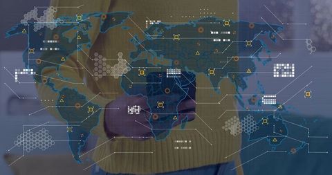 Woman presenting world map overlay with hex grid and data interface for ar analytics