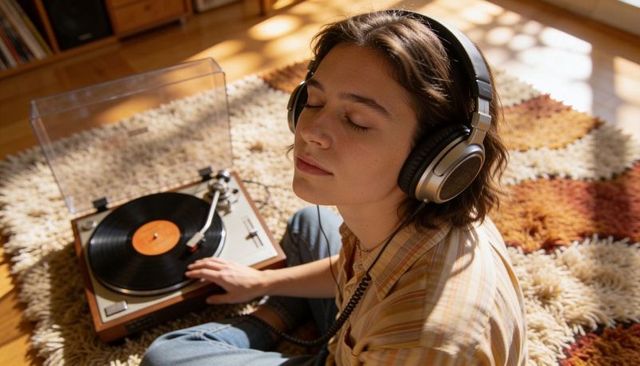 Young woman listening to vinyl on vintage turntable in sunlit cozy retro living room